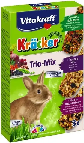 Vitakraft Krekry pro zakrslé králíky Trio-Mix Zelenina, Oříšky, Lesní plody